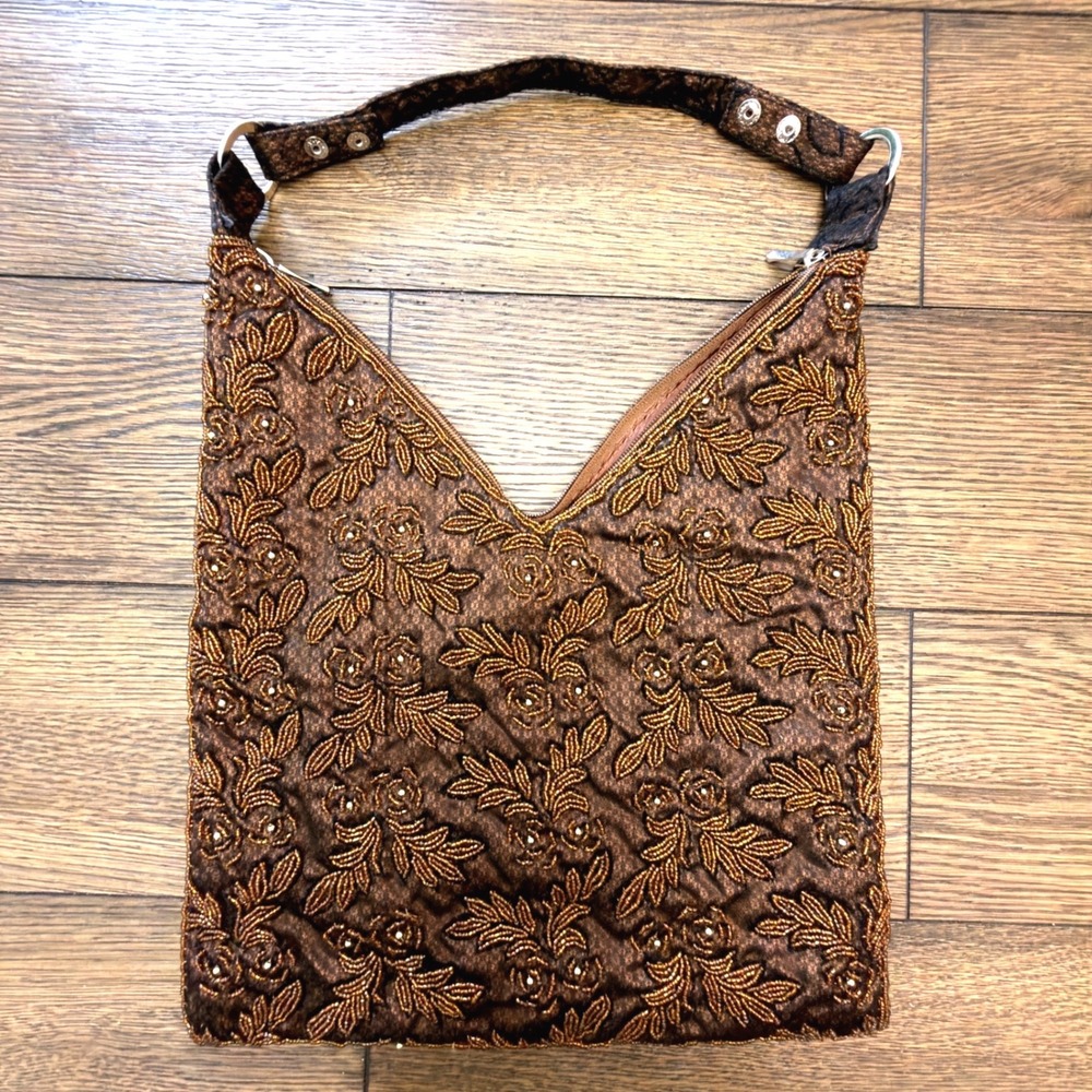 Vintage Style Bronze Beaded Floral Hobo Shoulder Bag Copper Brown V-Neck Zip